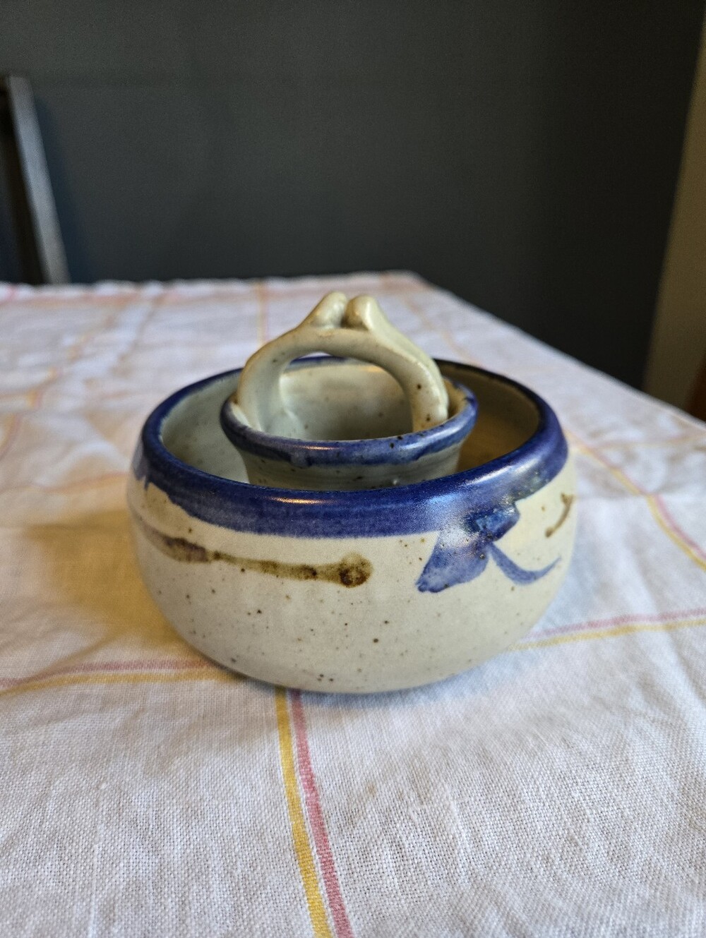 Handmade Pottery Posy Ring Vase Speckled Blue Gray Stoneware